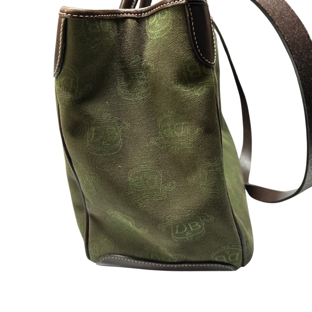 Dooney and Burke Signature Canvas Tote Bag Green Brown Leather Trim Silver - Picture 6 of 14